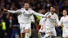 La joie de Kylian Mbappé après la qualification du Real aux dépens de l'Atlético en Ligue des champions le 12 mars 2025 à Madrid