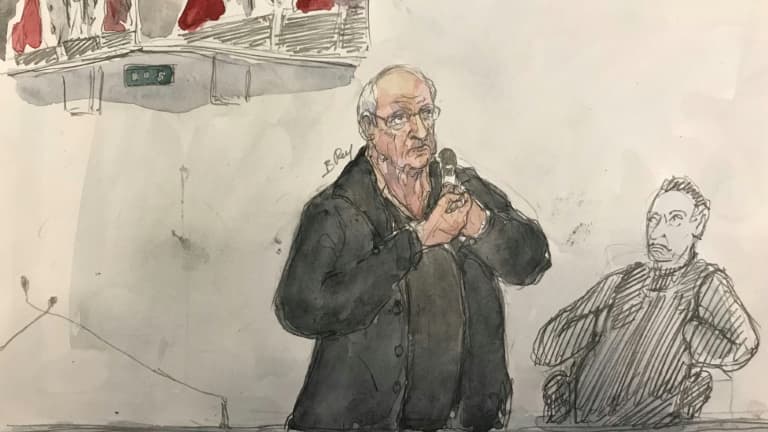 Croquis d'audience du 4 mars 2025 montrant l'ancien chirurgien Joël Le Scouarnec (c) lors de son procès à Vannes, dans le Morbihan 