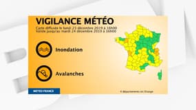 Quatre départements sont placés en vigilance orange par Météo-France, le 23 décembre 2019.