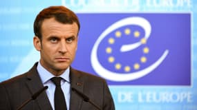 Le président français Emmanuel Macron, le 31 octobre 2017 à Strasbourg, lors d'une conférence de presse au conseil de l'Europe. 