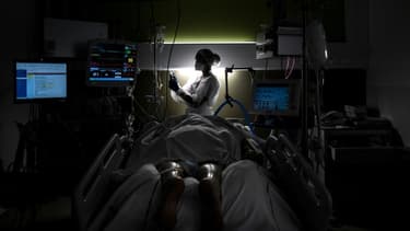 Une infirmière s'occupe d'un patient atteint du Covid-19 hospitalisé en réanimation, le 25 janvier 2021 à l'hôpital de Lyon-sud, à Pierre-Bénite