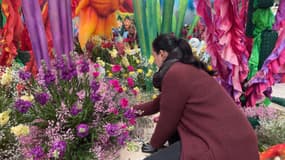 Des fleuristes installant des fleurs sur les chars de la première bataille de fleurs du carnaval de Nice 2025 (Alpes-Maritimes), le mardi 18 février 2025.