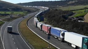 Des camions tentant de rejoindre le tunnel sous la Manche le 18 mars 2022, au lendemain de la suspension par P&O de ses traversées en Manche