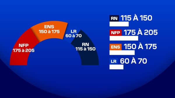 Résultats du second tour des élections législatives de 2024, selon de premières estimations de l'institu Elabe pour BFMTV-RMC et La Tribune Dimanche