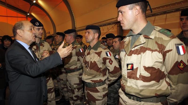 Le ministre français de la Défense, Jean-Yves Le Drian, s'adresse à des soldats en partance pour le Mali où la France mène une opération mliitaire contre les djihadistes depuis le 11 janvier. /Photo prise le 25 janvier 2013/REUTERS/Jean-Paul Pélissier