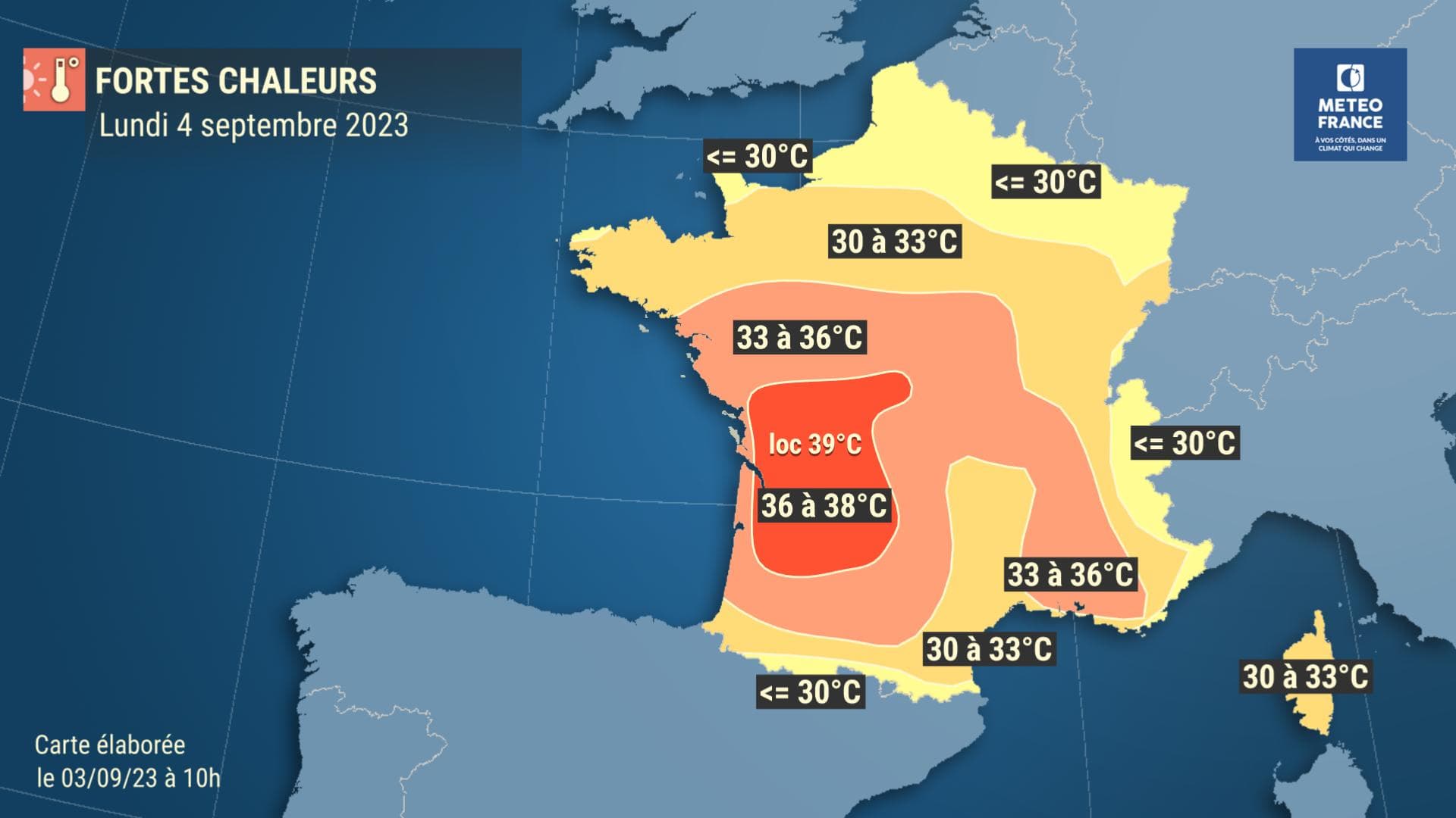 Carte des températures du lundi 4 septembre 2023.