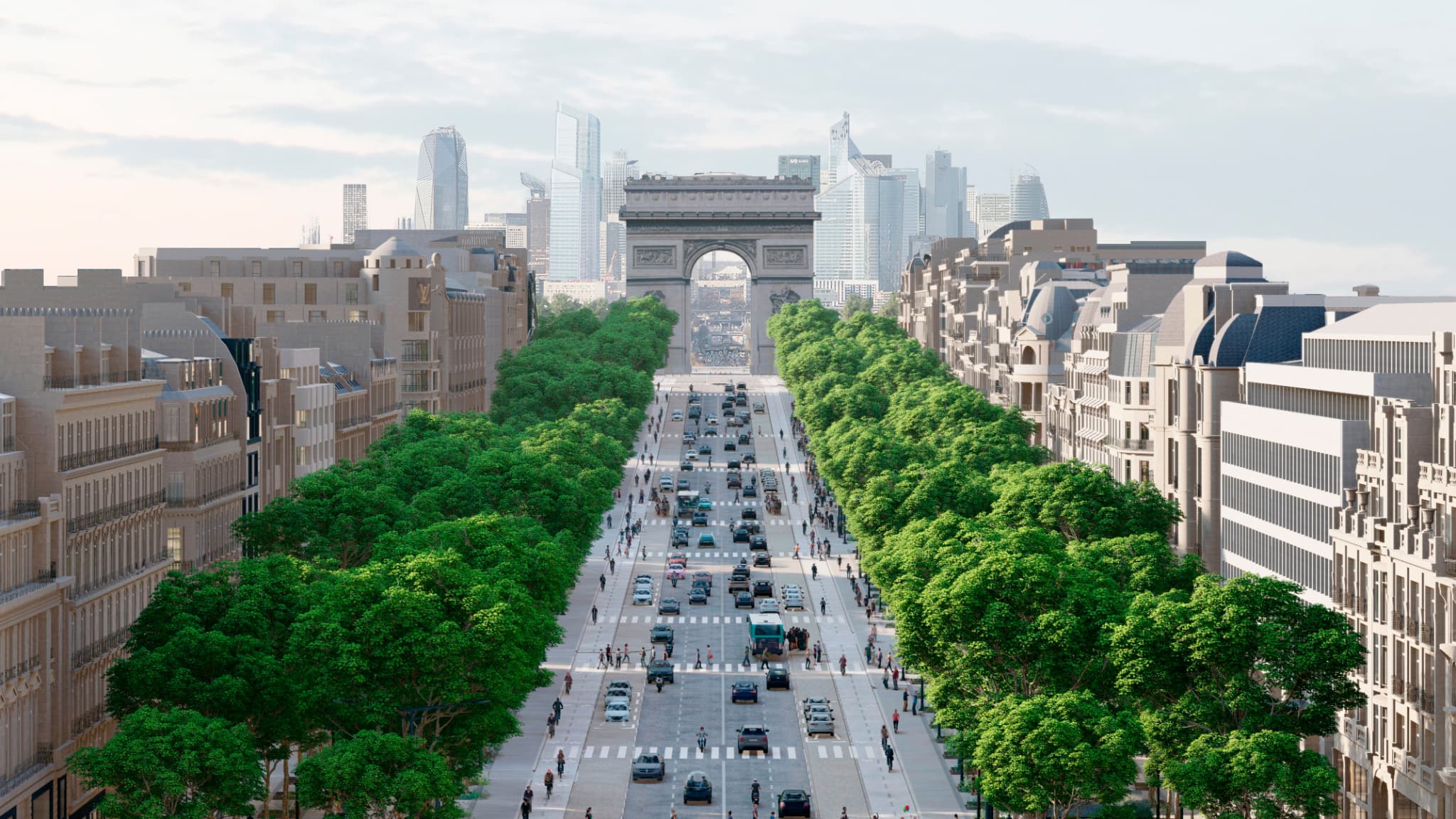 Une vue du haut des Champs-Élysées du projet de transformation de l'avenue. Une vue du haut des Champs-Élysées du projet de transformation de l'avenue.