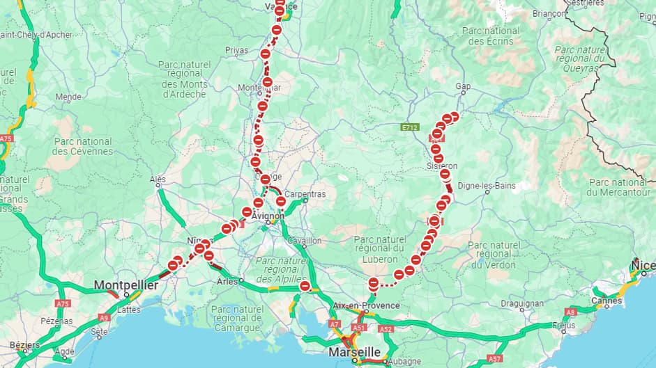 Capture d'écran Google Maps des blocages dans sud-est le 25 janvier 2024 Capture d'écran Google Maps des blocages dans sud-est le 25 janvier 2024