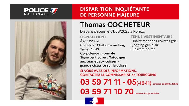 Nord: disparition inquiétante d'un homme de 27 ans à Roncq, un appel à témoins lancé