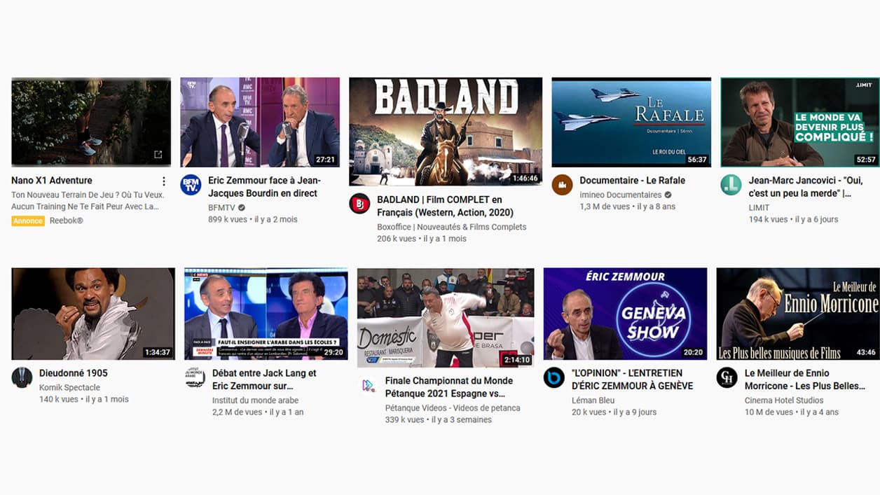 Capture d'écran des recommandations de YouTube après avoir consulté le site "Zemmour pour tous"
