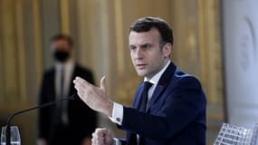 Le président Emmanuel Macron à l'Elysée, lors du G5 Sahel du 16 février 2021
