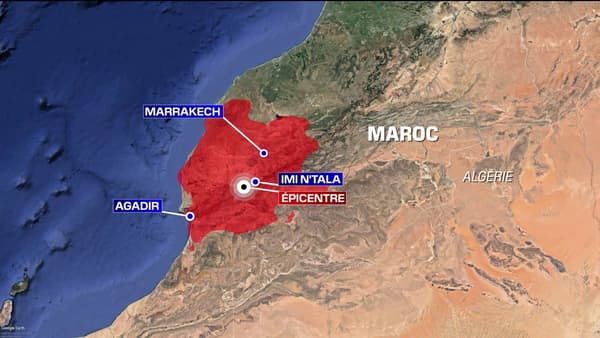 Carte du séisme au Maroc après le séisme mettant en évidence la ville d'Imi N'Tala.