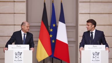 Le chancelier allemand Olaf Scholz et le président français Emmanuel Macron font une déclaration commune au palais de l'Élysée à Paris, le 22 janvier 2025.