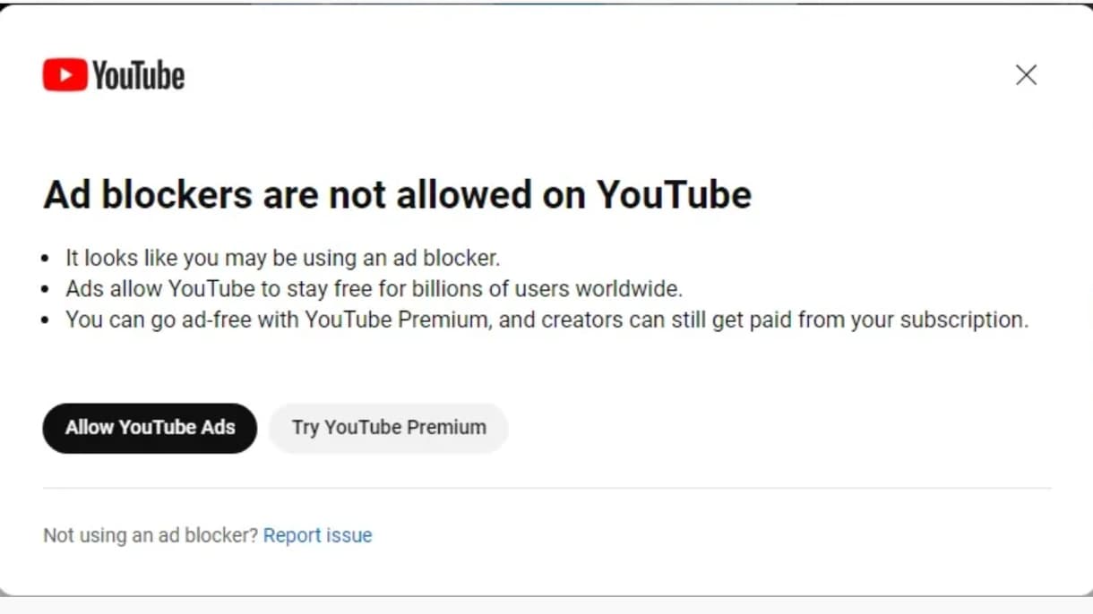 Le message d'avertissement de YouTube à l'attention des bloqueurs de pubs Le message d'avertissement de YouTube à l'attention des bloqueurs de pubs