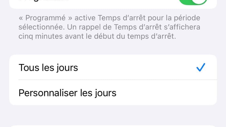 L'option "Temps d'arrêt" sur iOS. L'option "Temps d'arrêt" sur iOS.