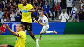 Vitinha célèbre son but lors de la victoire de l'OM face à l'AEK Athènes (3-1), le 26 octobre 2023