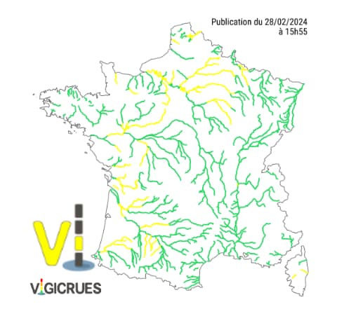 Plusieurs cours d'eau sont placés en vigilance jaune pour "crues" ce mercredi 28 février 2024.