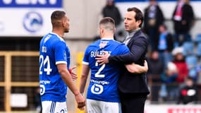 Julien Stéphan avec Guilbert et Djiku à Strasbourg, le 3 avril 2022