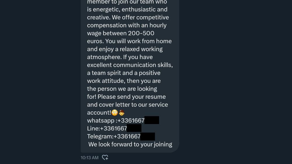 Un exemple des messages spams envoyé sur Twitter.