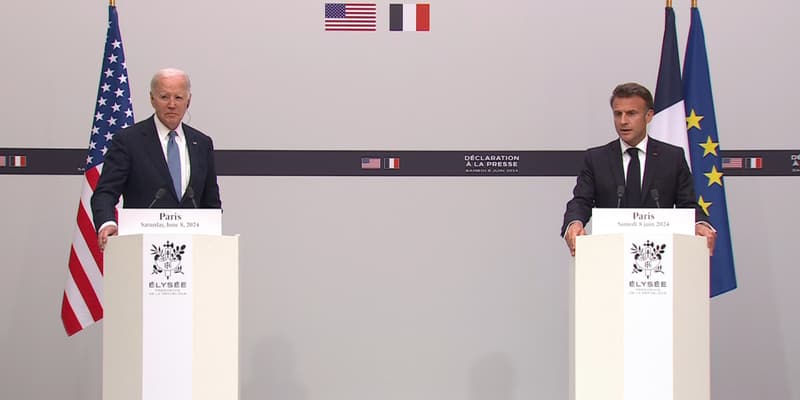 Joe Biden et Emmanuel Macron, le 8 juin 2024 à Paris