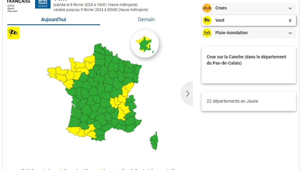 Carte des vigilances météorologiques en France, jeudi 8 février 2024, selon Météo-France. 