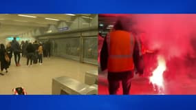 Des fumigènes allumés gare de Lyon, à Paris, lors d'une action surprise de grévistes, le 23 décembre 2019.