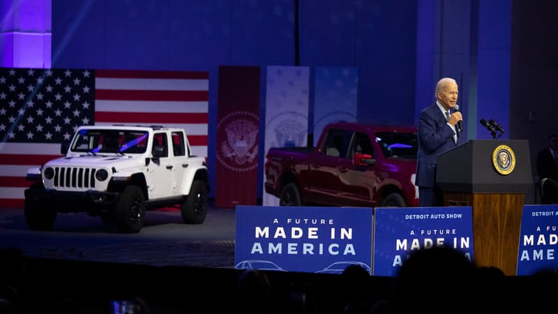 DETROIT, MI - SEPTEMBER 14: U.S. President Joe Biden speaks at the North American International Auto Show on September 14, 2022 in Detroit, Michigan. Biden announced a $900 million investment in electric vehicle infrastructure on the national highway system in 35 states.