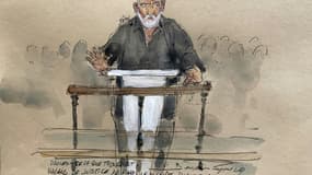 Croquis d'audience du 28 avril 2025, publié le 5 mai 2025, montrant l'accusé Didier Dubreucq lors du procès du braquage de l'influenceuse américaine Kim Kardashian, à la cour d'assises de Paris. 