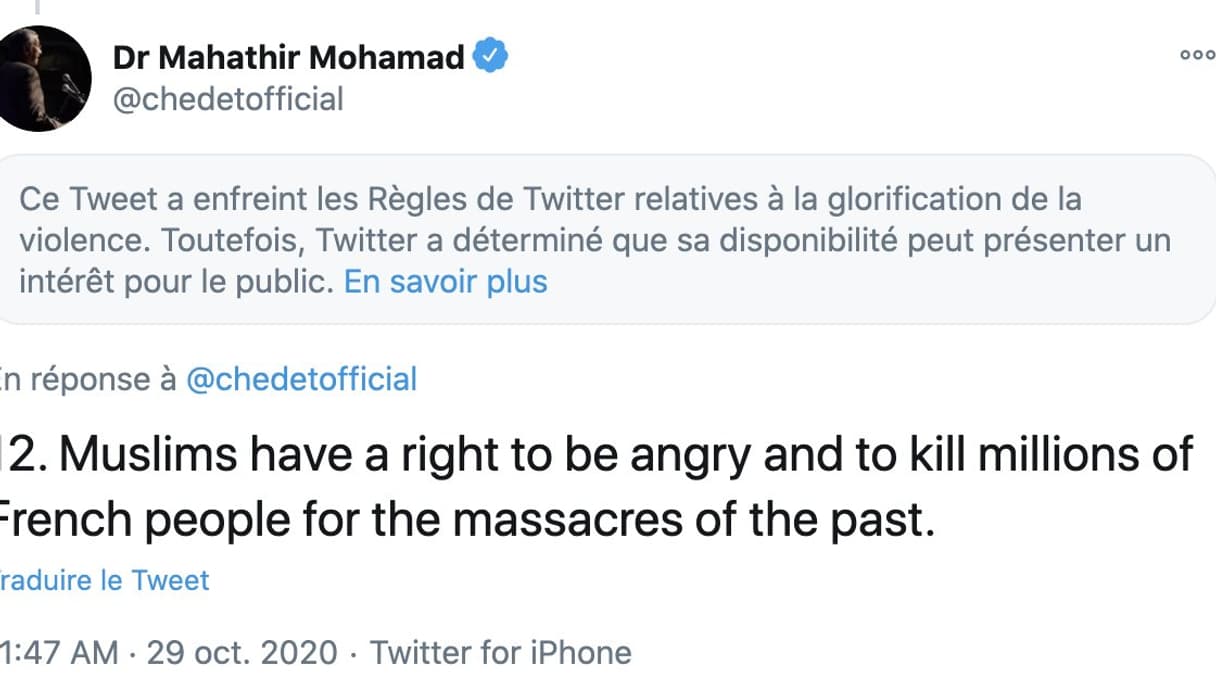 Twitter n'a pour l'heure pas suspendu le compte de l'ex Premier ministre malaisien. 