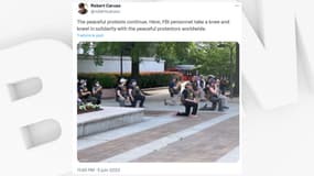 Tweet illustré de la photographie de plusieurs agents du FBI participant le 6 juin 2020 à une action en hommage à Georges Floyd, tué par un policier