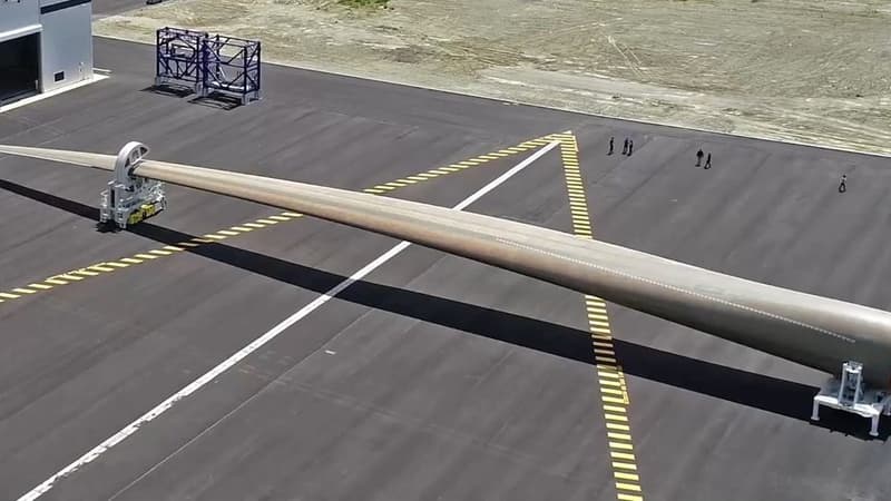 Cette pale a été produite dans l'usine de Cherbourg de LM Wind Power, firme danoise rachetée en 2017 par GE Renewable Energy.