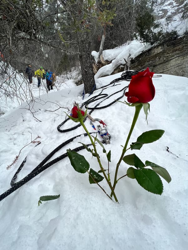 Deux roses déposées là où a perdu la vie une alpiniste dans l'Utah le 2 avril dernier.