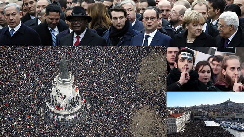 La statue de le place de la République sort la tête de la foule, en milieu d'après-midi, à Paris. 
