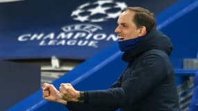 La joie de l'entraîneur allemand de Chelsea, Thomas Tuchel, après le 2e  but marqué par le milieu de terrain Mason Mount, lors de la demi-finale retour de la Ligue des Champions contre le Real Madrid, le 5 mai 2021 au stade de Stamford Bridge à Londres