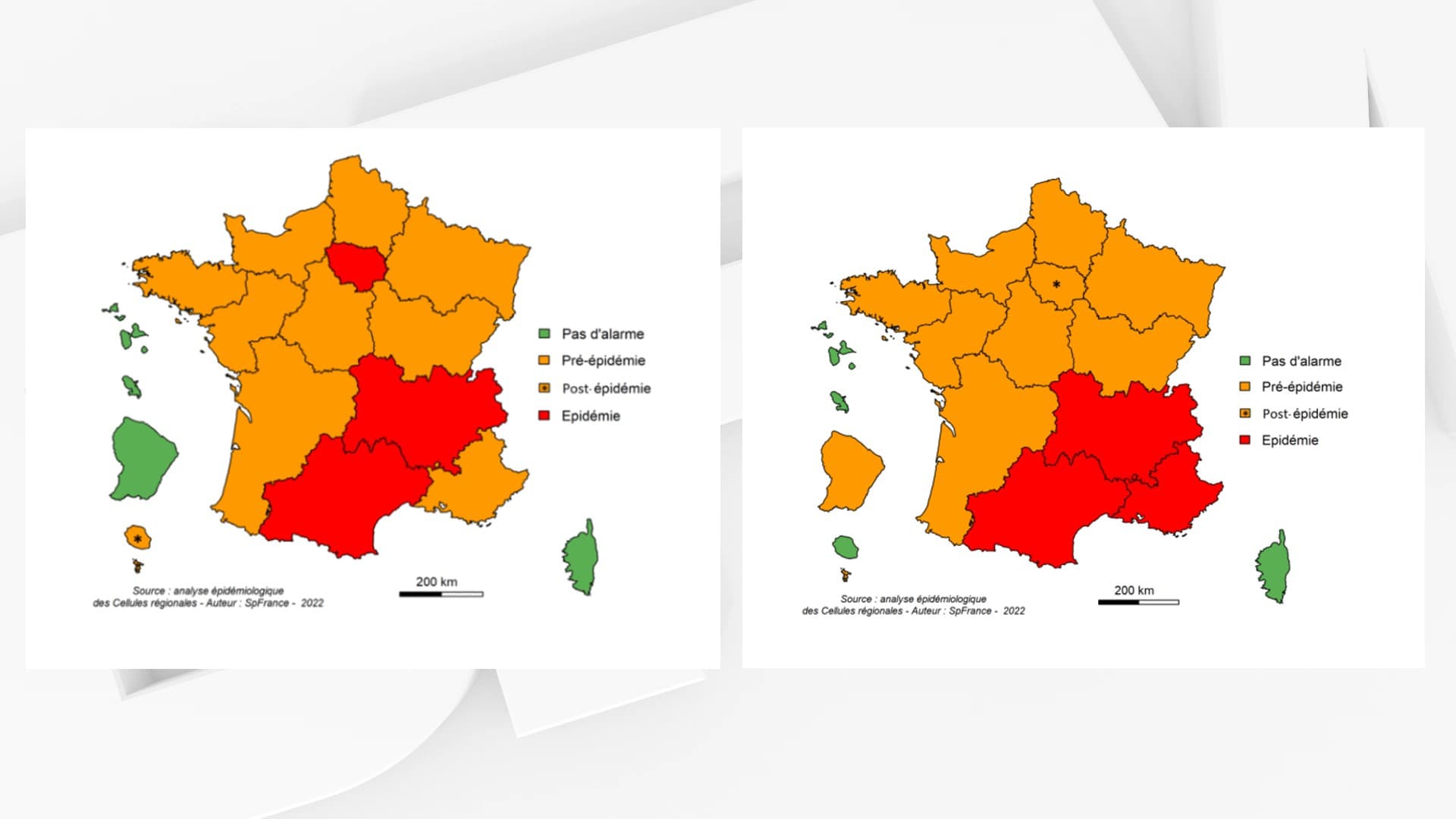 Niveau d'alerte pour la grippe par région en semaine 2 (à gauche) et semaine 3 (à droite)