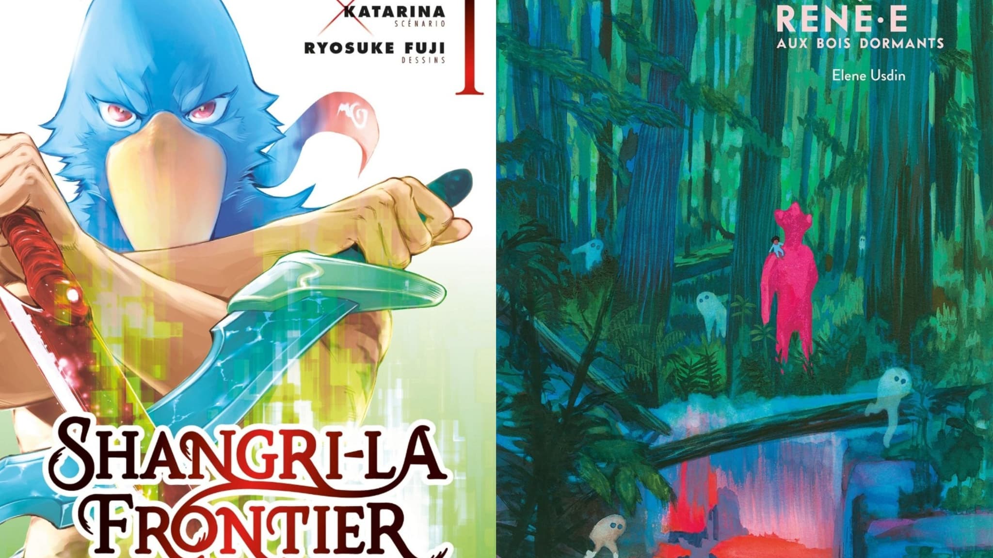 Les couvertures du manga "Shangri-La Frontier" et de la BD "René.e aux bois dormants" Les couvertures du manga "Shangri-La Frontier" et de la BD "René.e aux bois dormants"