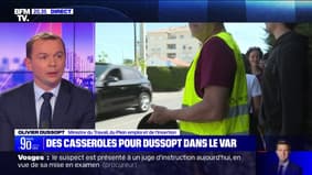   Olivier Dussopt (Minister of Labor) reacts to the concert of pans against him in the Var