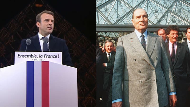 A gauche, Emmanuel Macron dans la cour du Louvre le soir de son élection. A droite, François Mitterrand le 29 mars 1989 lors de l'inauguration du Louvre.