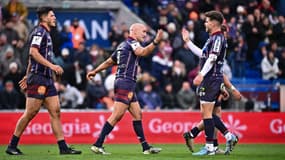 Maxime Lucu et Matthieu Jalibert lors du match Union Bordeaux-Bègles-Leicester (42-28, Champions Cup), le 8 décembre 2025