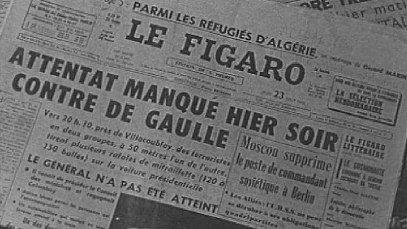 Images d'archives de journaux, au lendemain de l'attentat du Petit-Clamart.