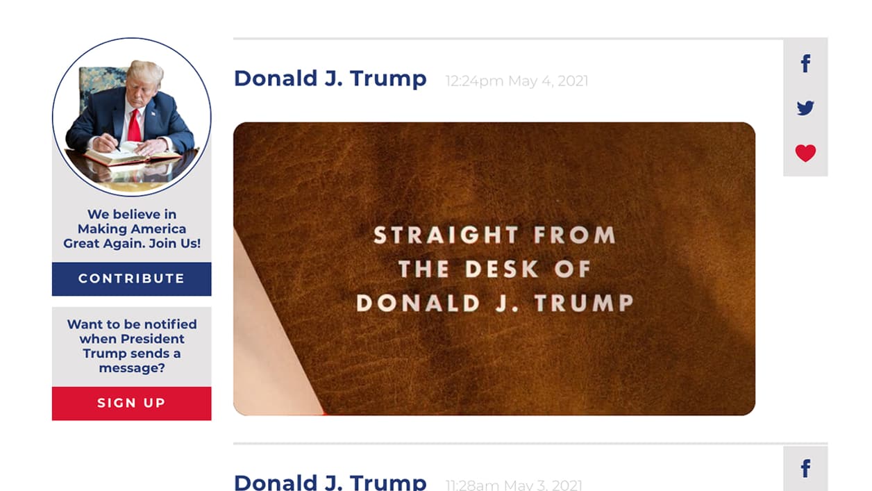 Capture d'écran du site "Depuis le bureau de Donald J. Trump" Capture d'écran du site "Depuis le bureau de Donald J. Trump"