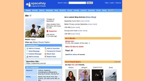 Capture d'écran de la page du créateur de SpaceHey.