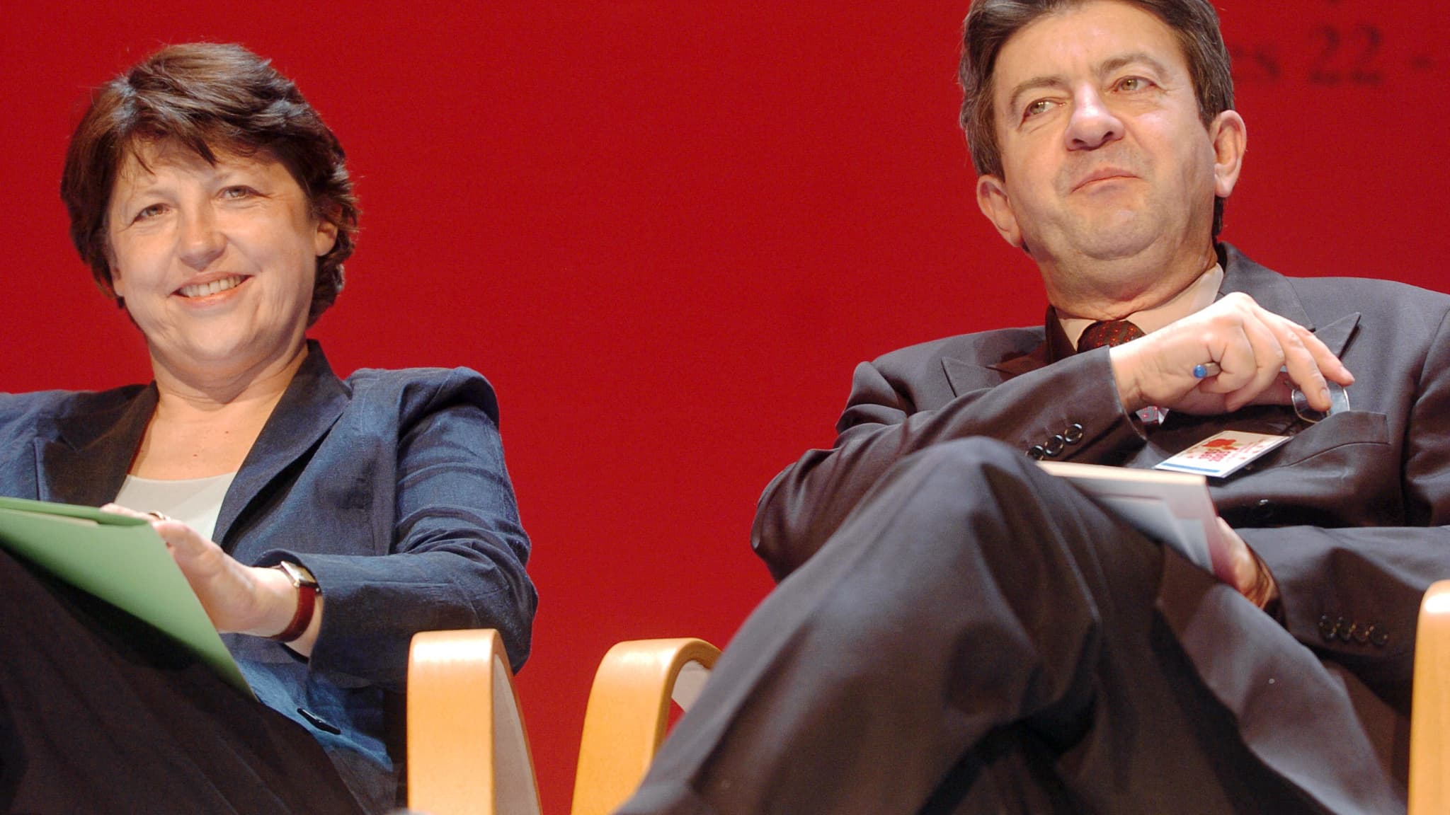 Martine Aubry et Jean-Luc Mélenchon à Paris le 22 mars 2005 lors d'un colloque organisé à l'occasion du centenaire du PS, ex-SFIO 
