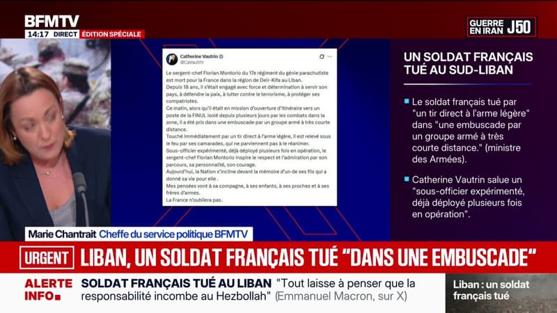 Le soldat français tué au Liban a été touché par "un tir direct" dans "une embuscade", indique la ministre des Armées Catherine Vautrin