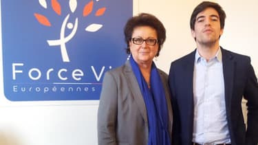 Christine Boutin et Samuel Lafont dans les locaux de "Force Vie", le "label" présenté aux élections européennes.