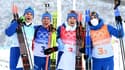 Les Français Emilien Jacquelin, Quentin Fillon Maillet, Fabien Claude et Simon Desthieux à la fin du relais de biathlon des Jeux olympiques de Pékin, le 15 février 2022