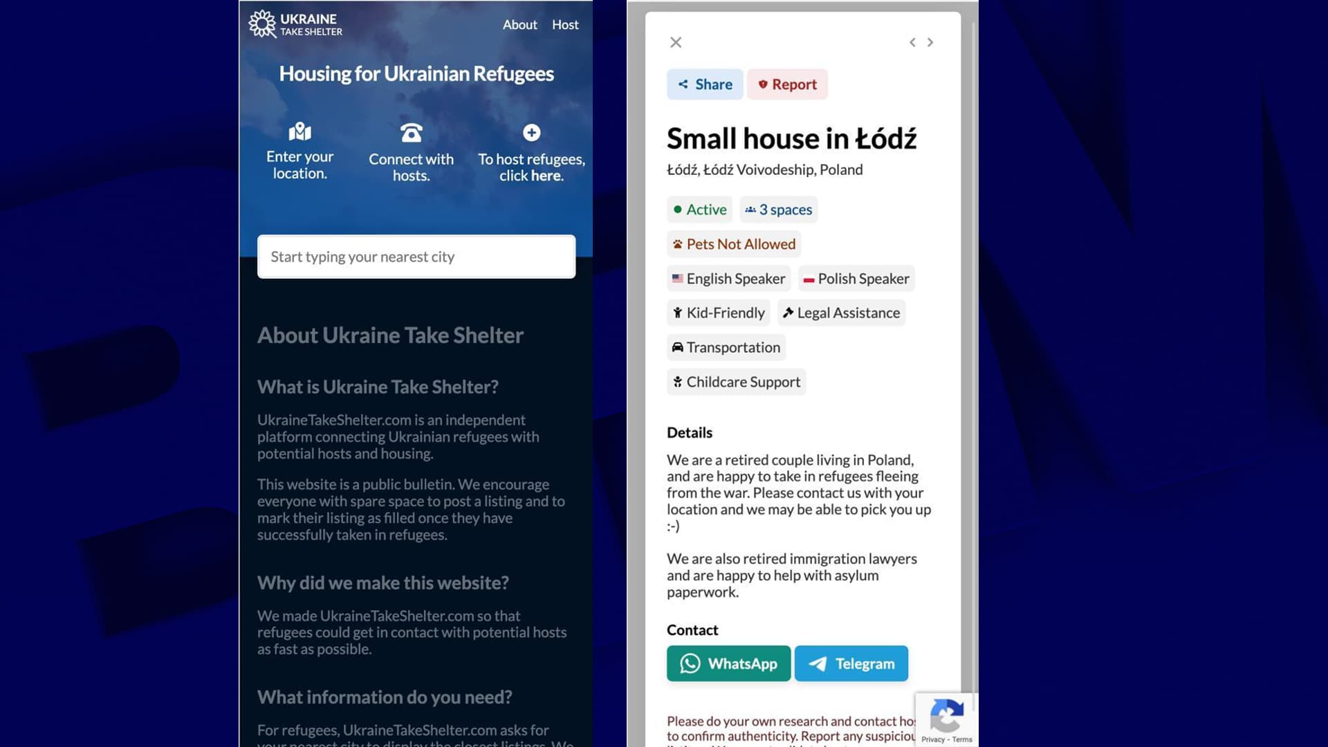 Deux pages de l'interface du site internet "Ukraine Take Shelter". Deux pages de l'interface du site internet "Ukraine Take Shelter".