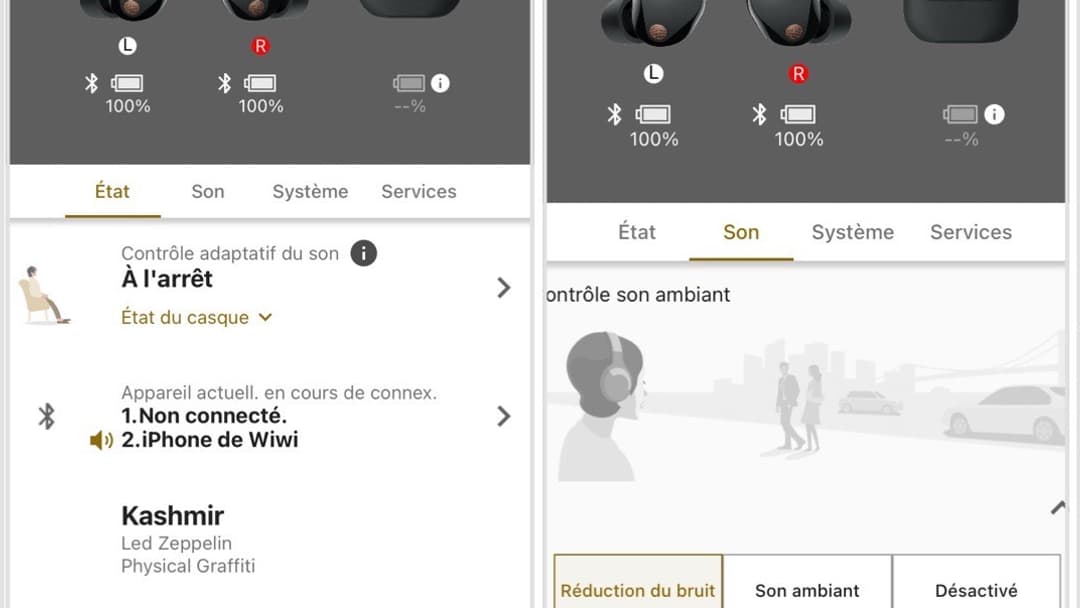 L'interface de l'app Headphones Connect et la page de contrôle du son ambiant. 
