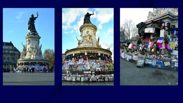 De gauche à droite: le mémorial aux pieds de la statue de la République à Paris le 3 décembre 2015, le 11 février 2016 et le 21 juillet 2016 De gauche à droite: le mémorial aux pieds de la statue de la République à Paris le 3 décembre 2015, le 11 février 2016 et le 21 juillet 2016