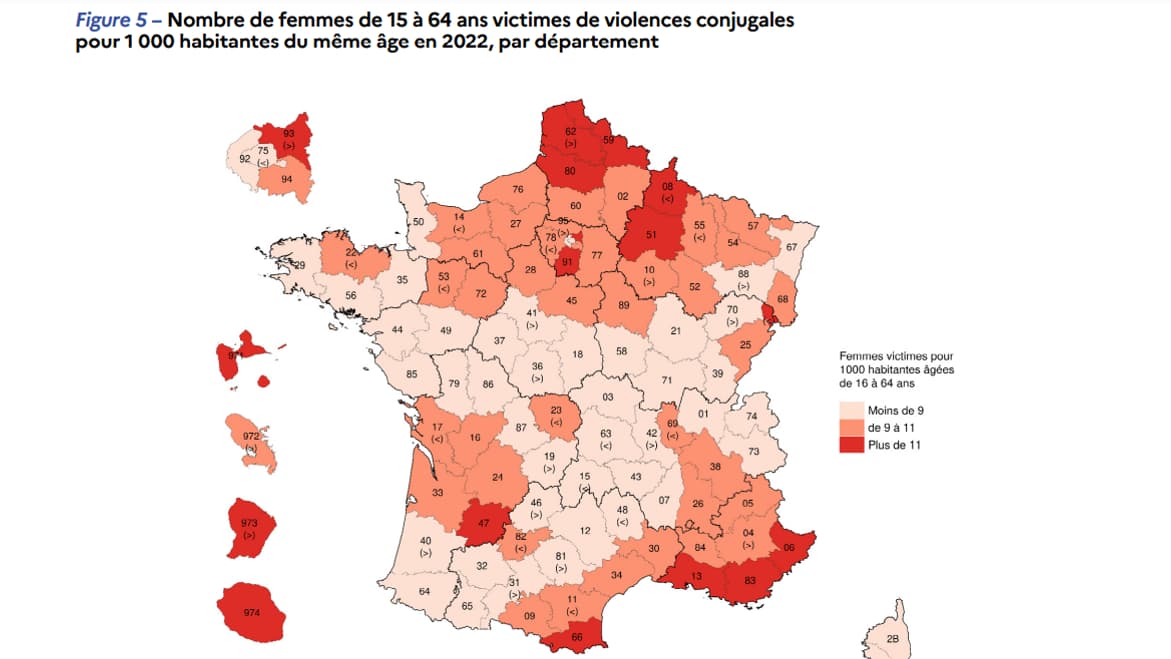 Nombre de femmes de 15 à 64 ans victimes de violences conjugales pour 1 000 habitantes du même âge en 2022, par département.